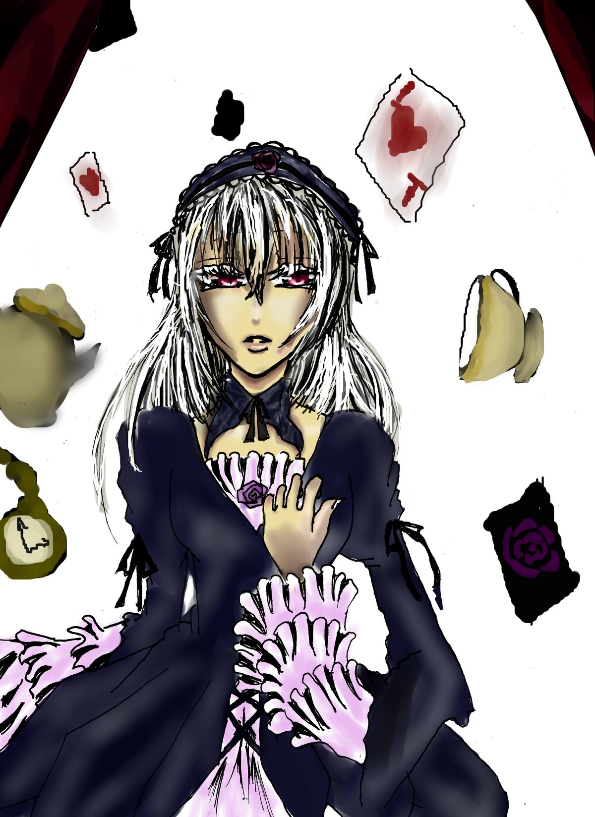 1girl dress flower frilled_sleeves frills hairband image long_hair long_sleeves looking_at_viewer rose solo suigintou wings