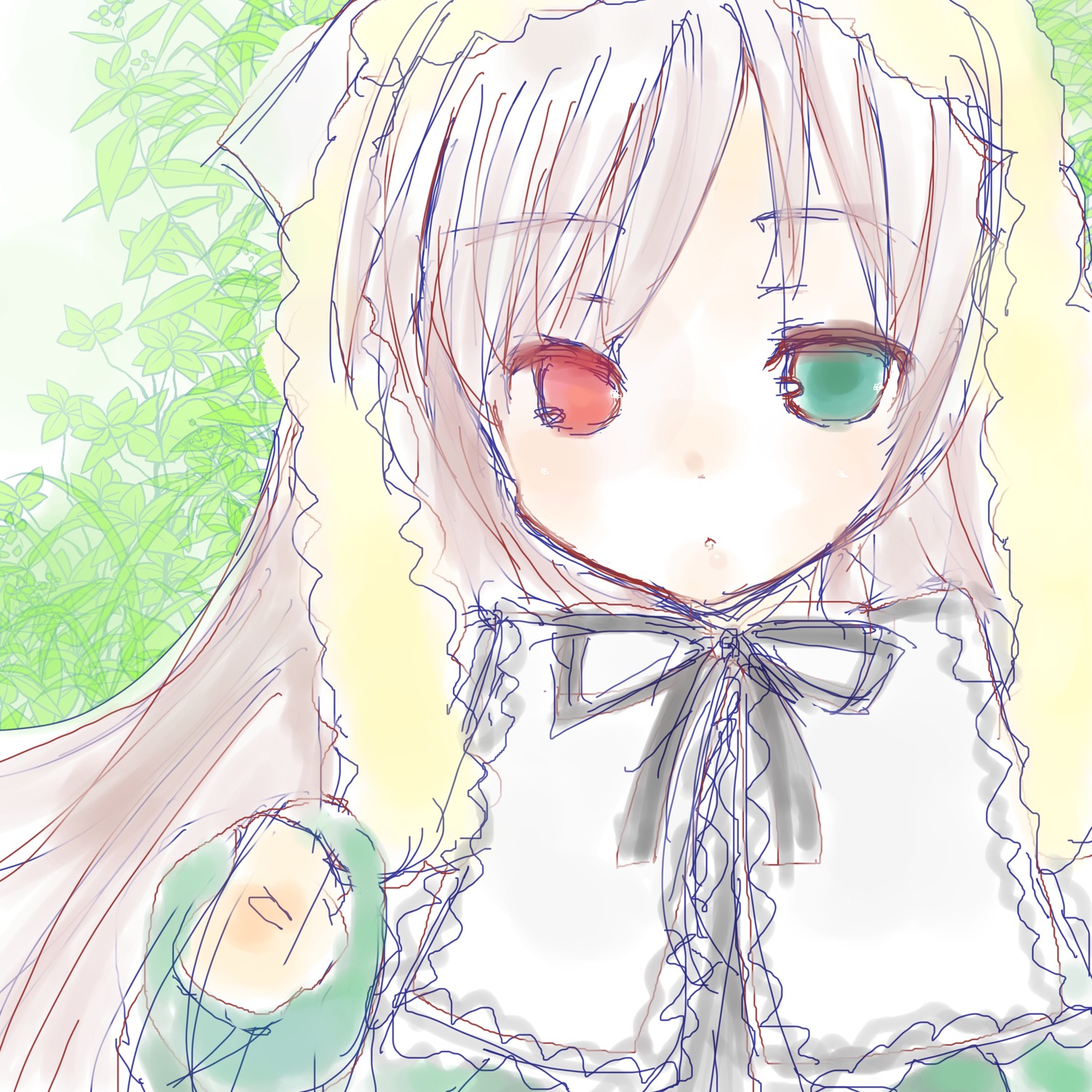 1girl bangs blush eyebrows_visible_through_hair frills image looking_at_viewer neck_ribbon red_eyes ribbon short_hair solo suiseiseki upper_body wet