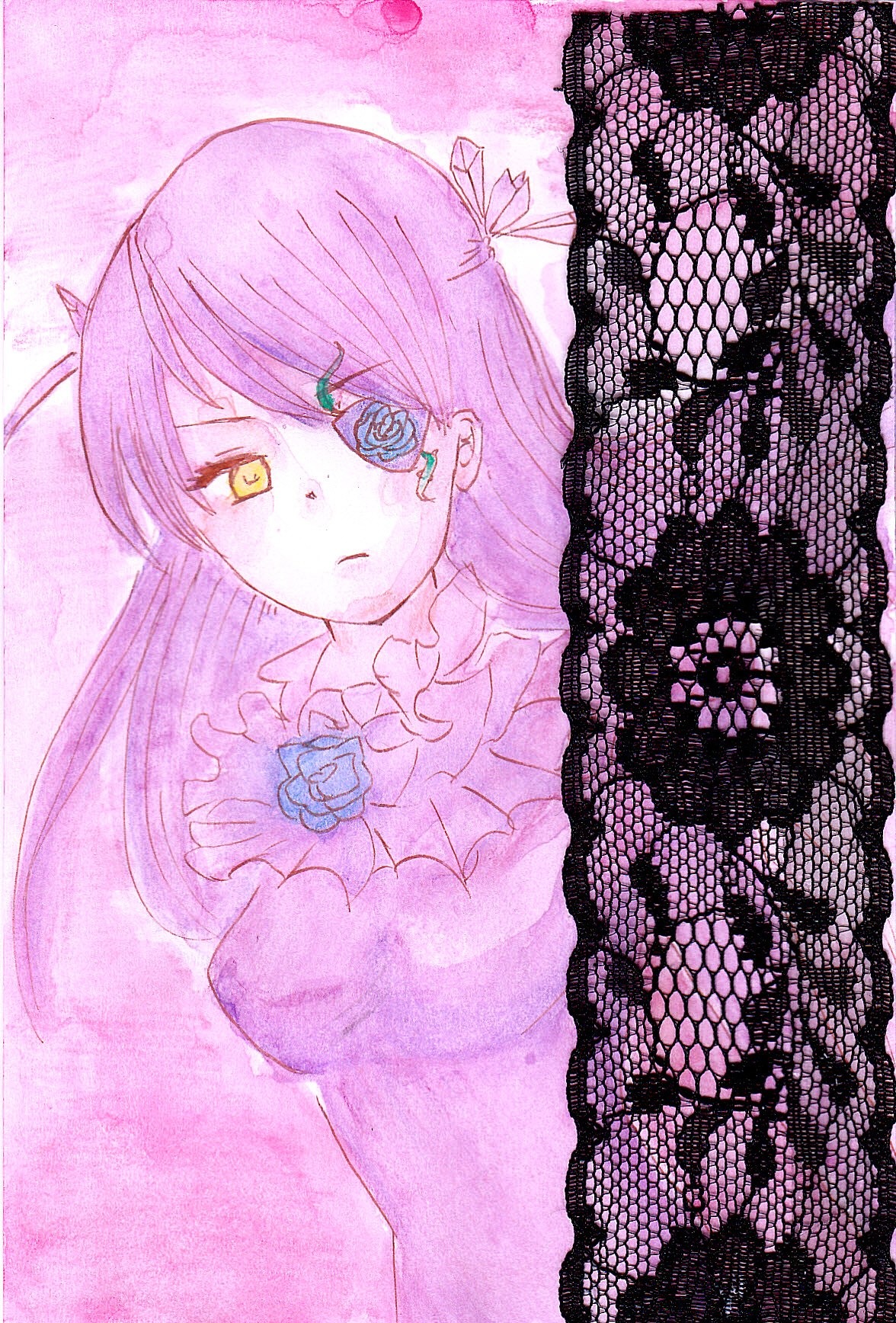 1girl auto_tagged barasuishou blue_flower blue_rose dress flower frills image long_hair purple_flower purple_theme rose solo
