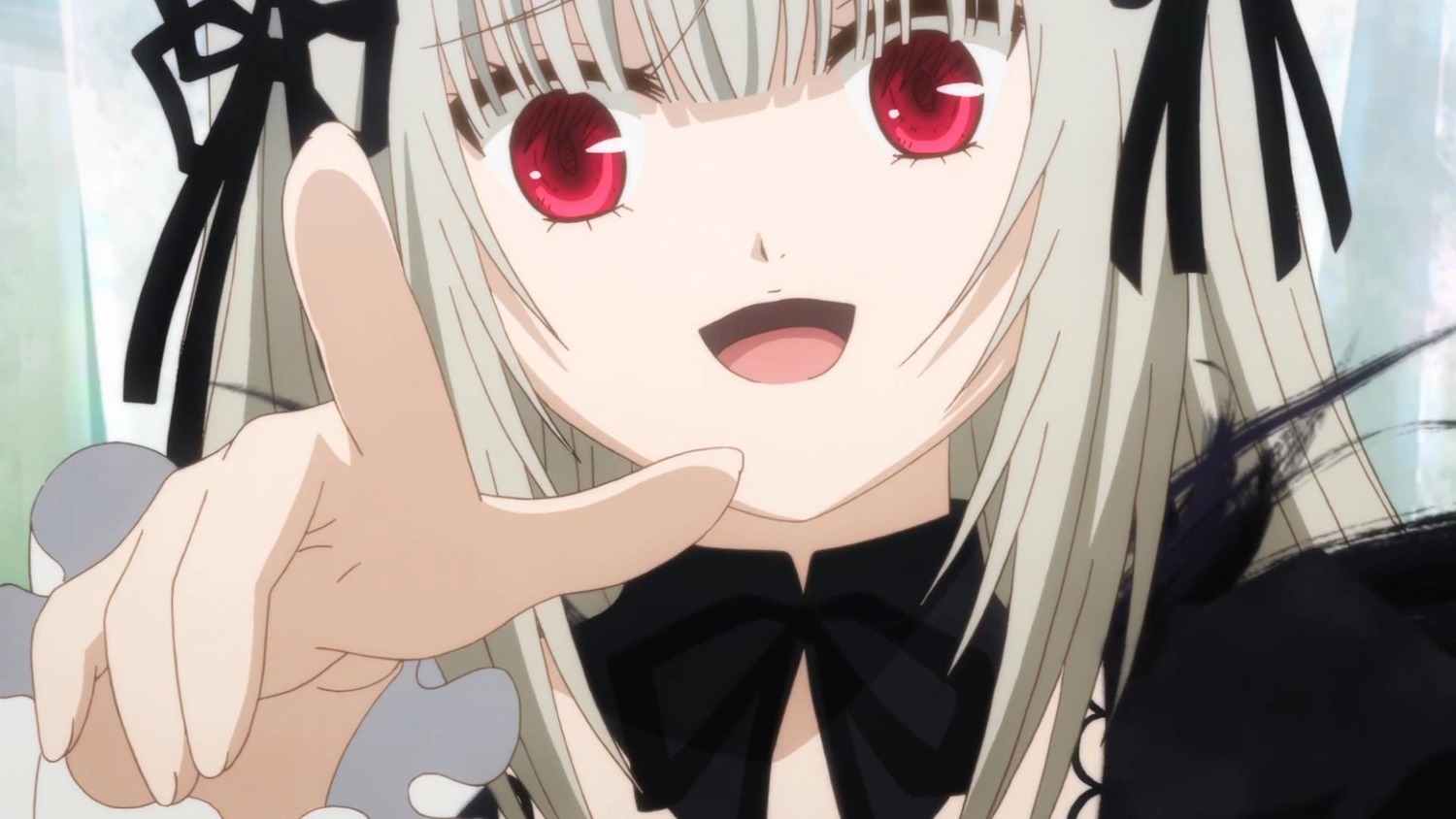 1girl :d auto_tagged bangs black_ribbon detached_collar dress face hair_ribbon image long_hair long_sleeves looking_at_viewer open_mouth red_eyes ribbon silver_hair smile solo suigintou