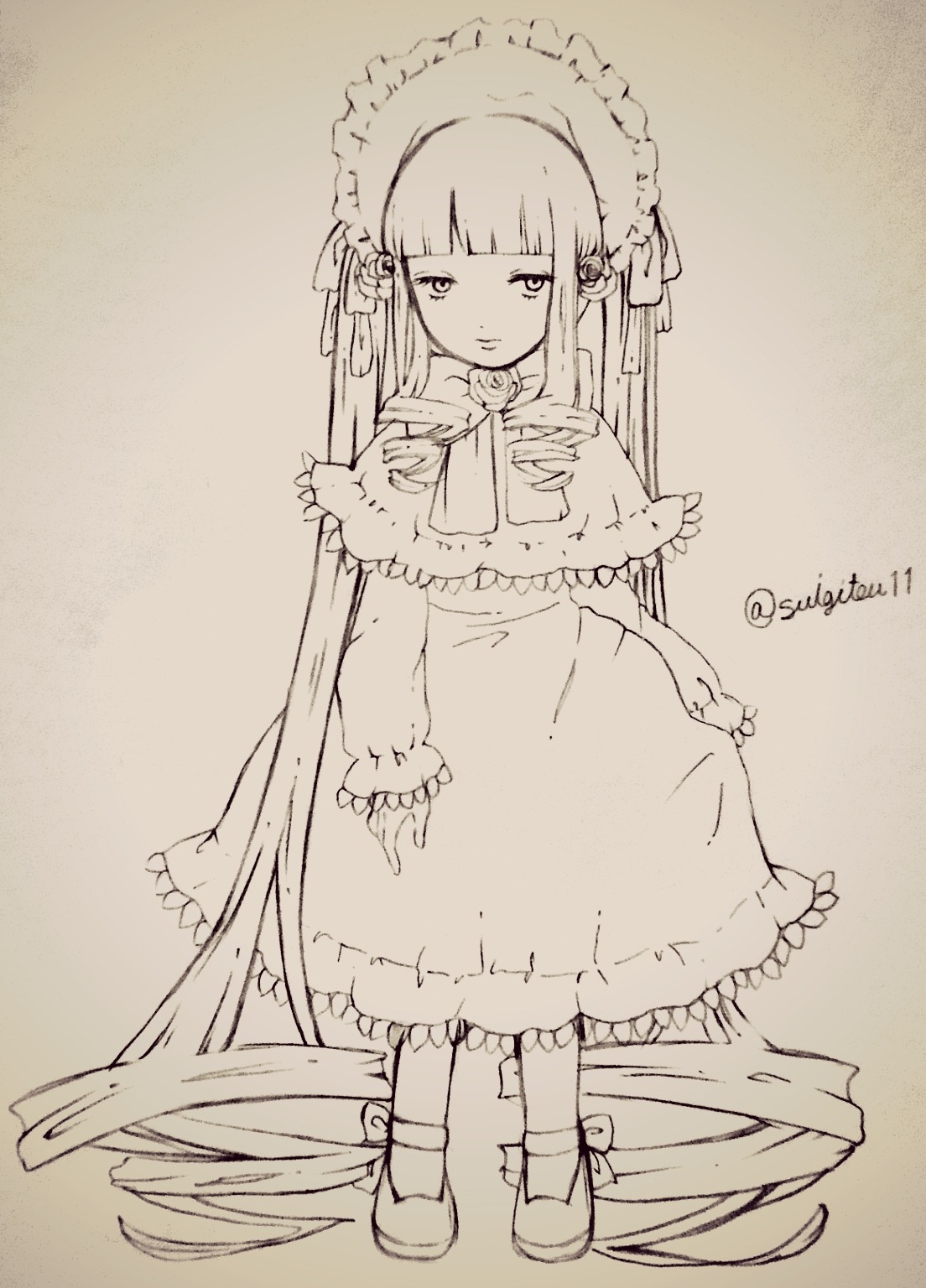 1girl bangs blunt_bangs bonnet bow brown_background closed_mouth dress eyebrows_visible_through_hair full_body image long_hair long_sleeves looking_at_viewer monochrome shinku simple_background solo standing twitter_username very_long_hair