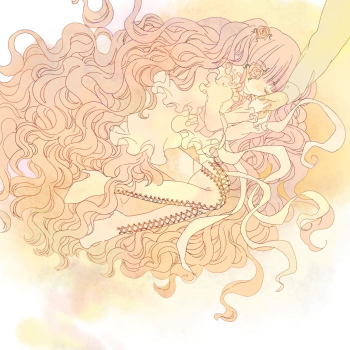 1girl closed_eyes dress flower frills hair_flower hair_ornament image kirakishou long_hair pink_hair rose solo thighhighs very_long_hair wavy_hair