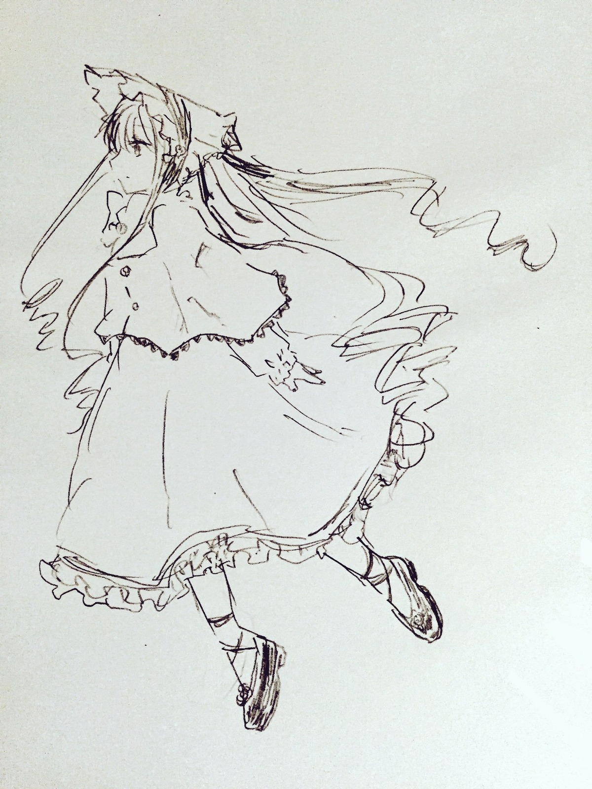1girl frills full_body image long_hair long_sleeves looking_at_viewer monochrome shinku sketch solo