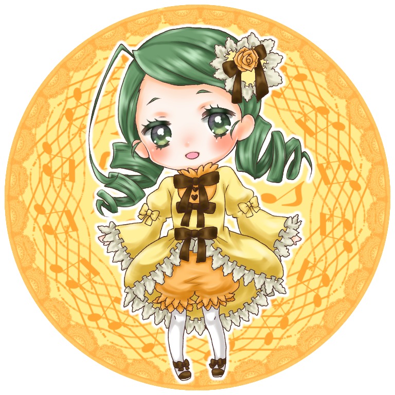 1girl chibi dress drill_hair eighth_note flower frills full_body green_eyes green_hair hair_ornament image kanaria long_sleeves musical_note pantyhose rose smile solo twin_drills white_legwear yellow_dress