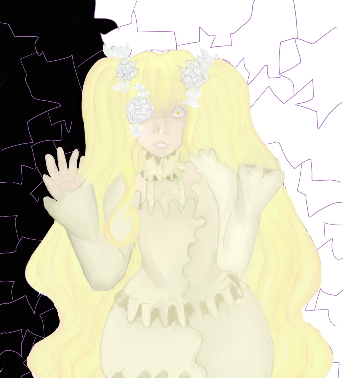 1girl blonde_hair dress flower frills hair_flower hair_ornament image kirakishou long_hair long_sleeves solo striped very_long_hair