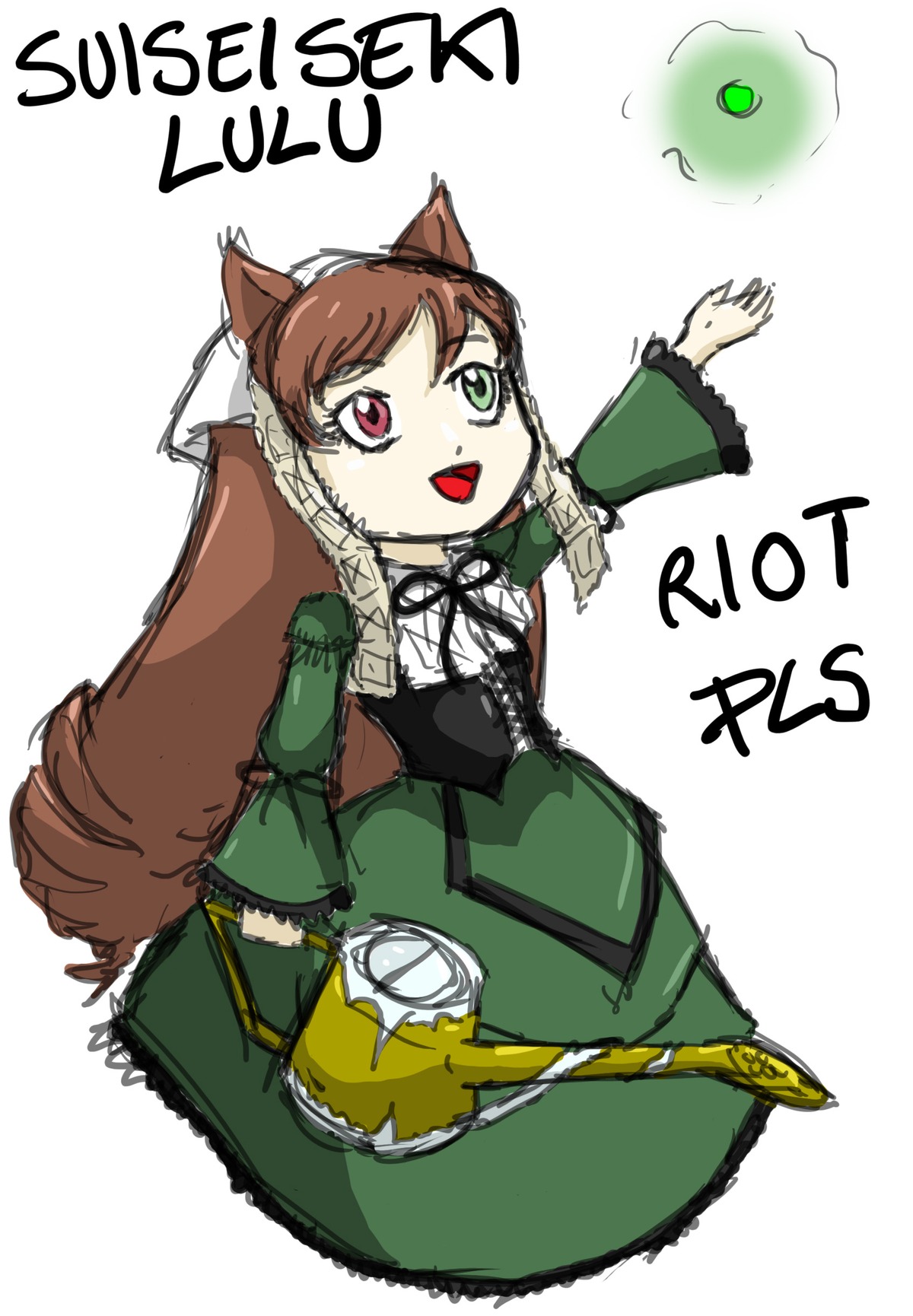 1girl animal_ears brown_hair dress drill_hair green_dress green_eyes heterochromia image long_hair long_sleeves open_mouth red_eyes simple_background smile solo suiseiseki very_long_hair watering_can white_background