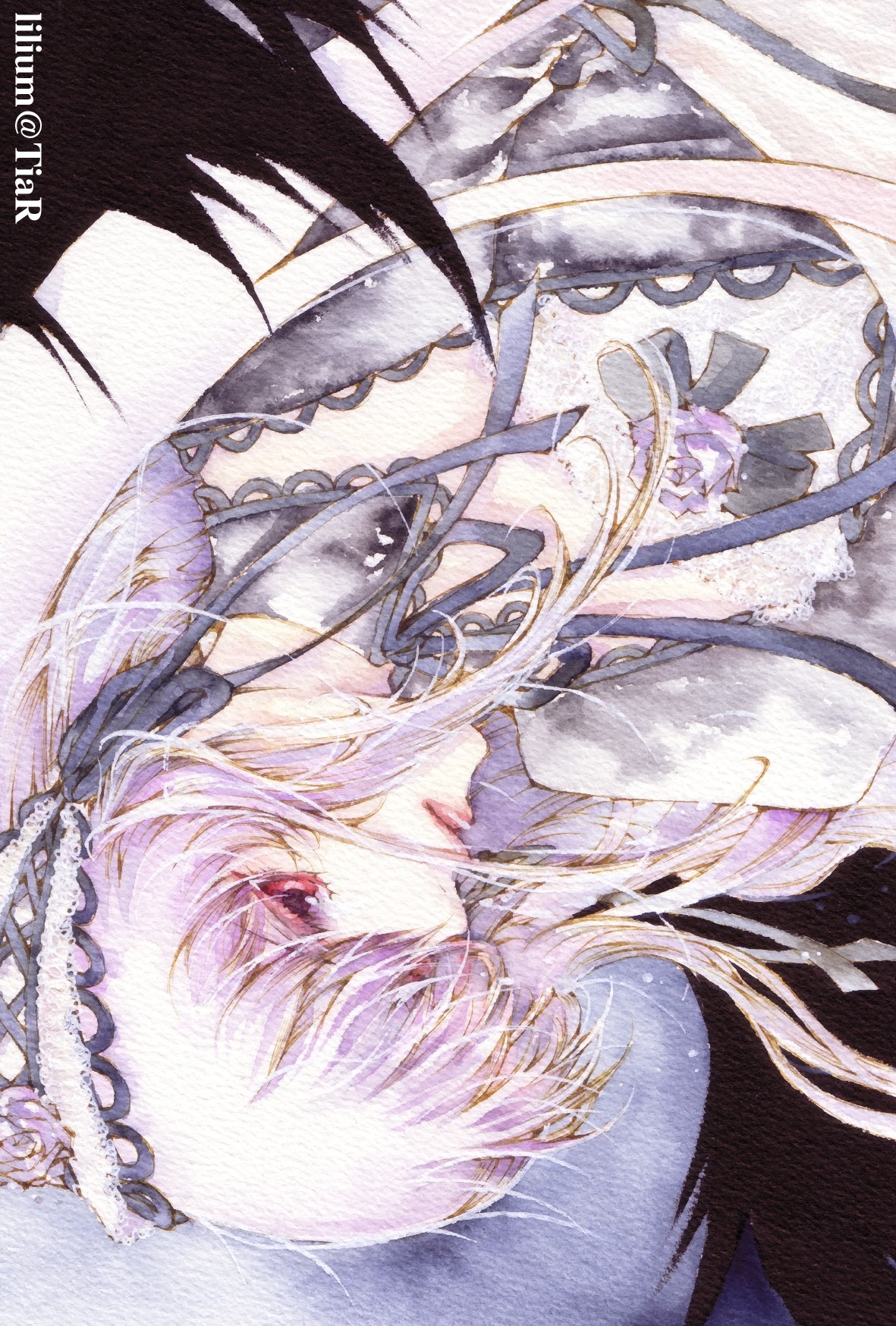 1girl bad_id bad_pixiv_id black_ribbon colored_eyelashes dress eyelashes flower frills gothic_lolita hairband highres image light_purple_hair lips lolita_fashion long_hair painting_(medium) profile red_eyes ribbon rose rozen_maiden solo suigintou traditional_media umu_(um) upper_body upside-down watercolor_(medium)