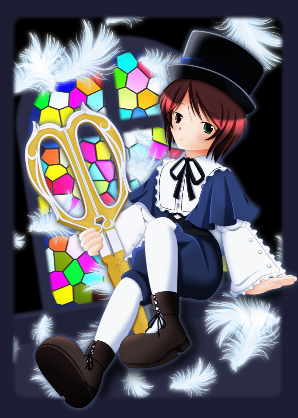 1girl boots brown_footwear brown_hair feathers full_body green_eyes hat image long_sleeves pantyhose ribbon short_hair sitting solo souseiseki top_hat white_legwear