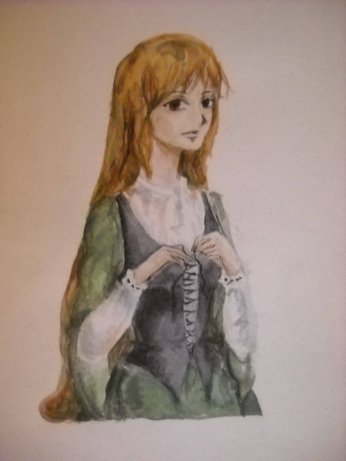 1girl blonde_hair dress green_dress image long_hair long_sleeves simple_background solo suiseiseki traditional_media