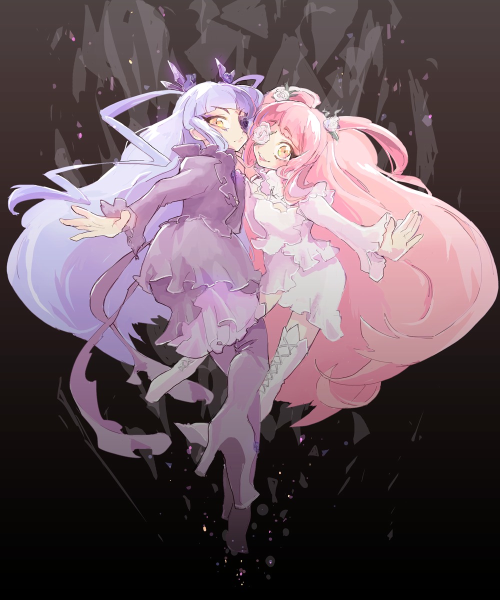 2girls absurdly_long_hair barasuishou boots bow dress frills hair_ribbon image kaname_madoka kirakishou long_hair multiple_girls pair pink_hair pink_legwear ribbon skirt smile thigh_boots thighhighs two_side_up ultimate_madoka very_long_hair white_dress white_neckwear yellow_eyes zettai_ryouiki