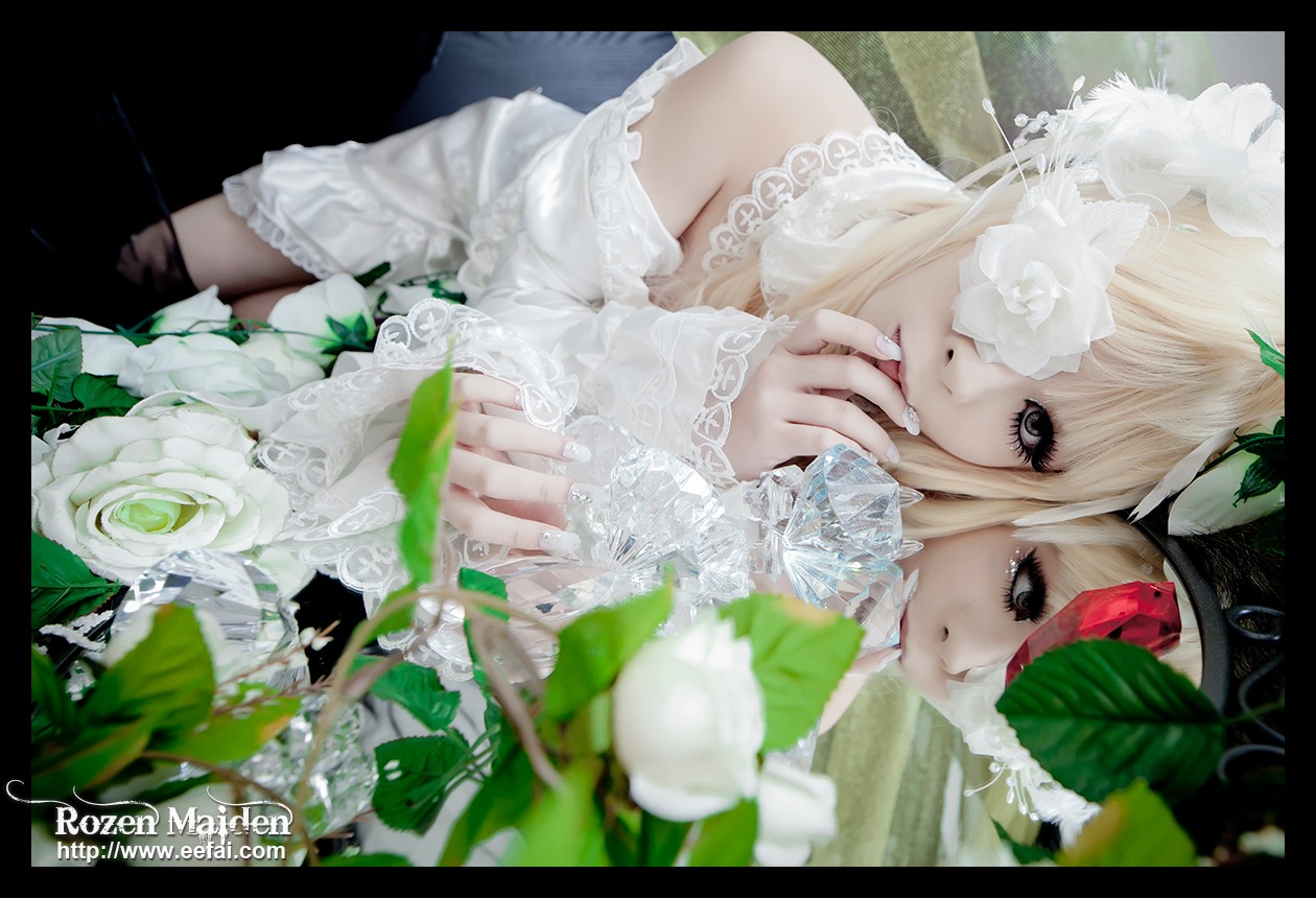 bare_shoulders black_border blonde_hair dress flower kirakishou letterboxed lips rose solo veil wedding_dress white_dress white_flower white_rose