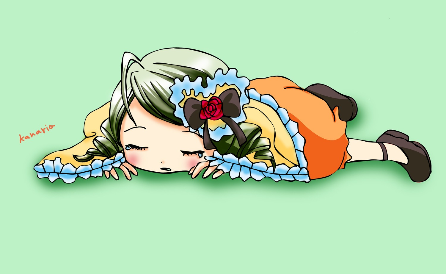 1girl blush chibi closed_eyes dress flower frills full_body green_background green_hair hair_ornament image kanaria lying on_stomach ribbon rose simple_background solo