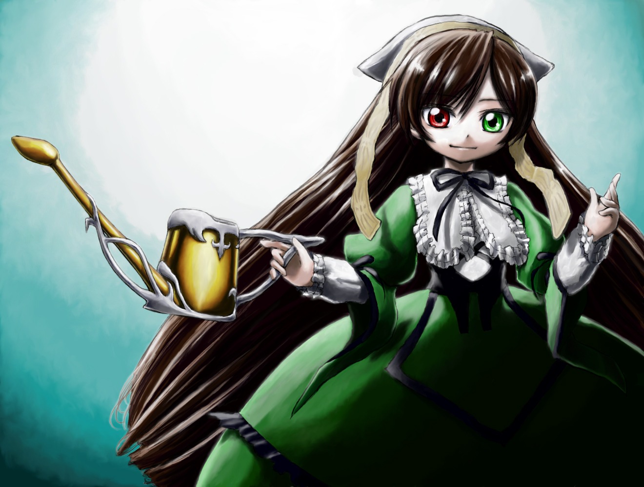 1girl bad_id bad_pixiv_id brown_hair dress frills green_dress green_eyes heterochromia image iseki_(kuroshura_no_tabiji) long_hair long_sleeves looking_at_viewer red_eyes rozen_maiden smile solo suiseiseki very_long_hair watering_can