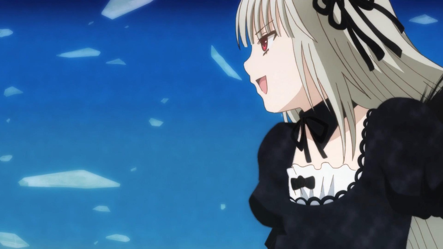 1girl auto_tagged bangs black_dress black_ribbon dress hairband image juliet_sleeves long_hair long_sleeves open_mouth outdoors petals profile puffy_sleeves red_eyes ribbon silver_hair sky solo suigintou upper_body