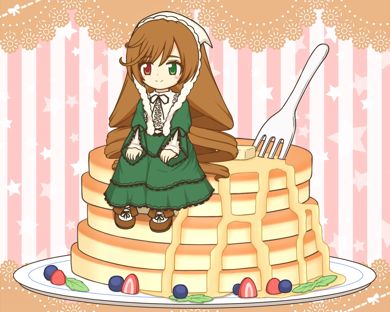 1girl brown_hair cake dress food fork fruit green_dress green_eyes heterochromia image long_hair pantyhose red_eyes smile solo star_(symbol) strawberry striped striped_background suiseiseki vertical_stripes