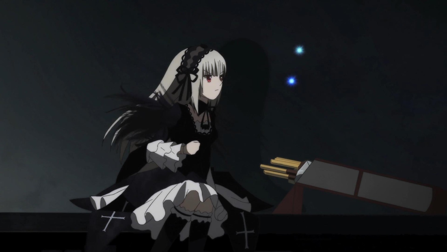 1girl auto_tagged black_dress black_ribbon closed_mouth dress frills gothic_lolita hairband image lolita_fashion long_hair long_sleeves red_eyes ribbon rose silver_hair sitting solo suigintou very_long_hair