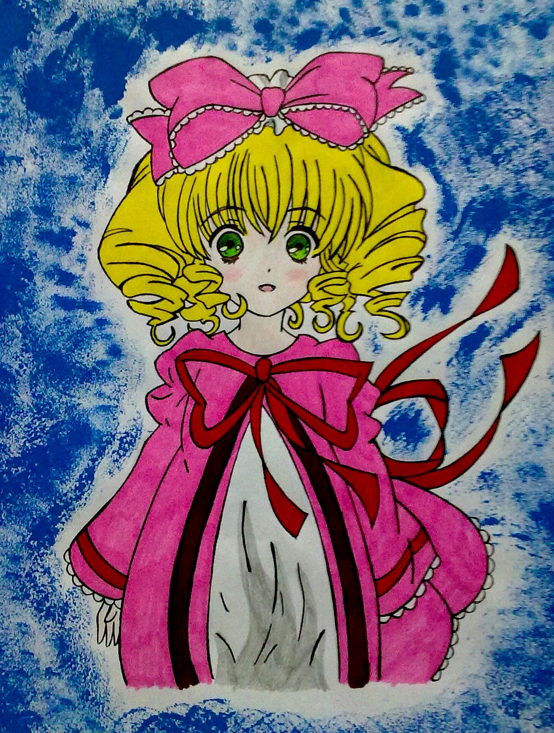 1girl blonde_hair blush bow dress drill_hair frills green_eyes hina_ichigo hinaichigo image long_sleeves looking_at_viewer pink_bow ribbon short_hair solo traditional_media