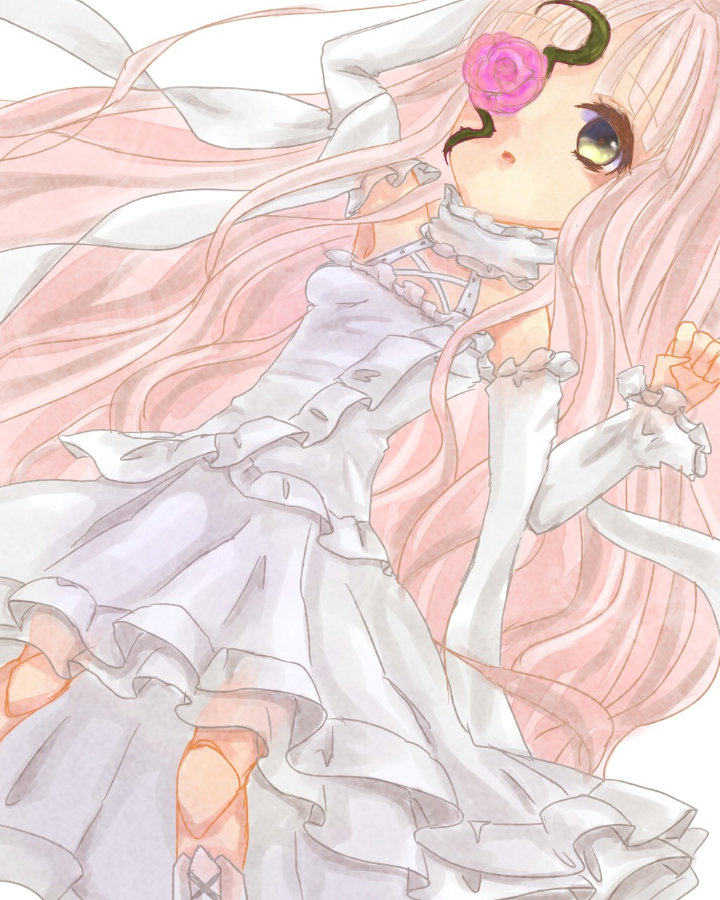 1girl choker dress flower frills image kirakishou long_hair pink_hair pink_rose rose solo traditional_media very_long_hair yellow_eyes
