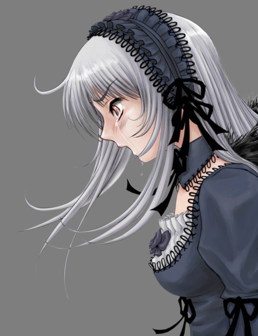 1girl black_ribbon dress flower frills hairband image juliet_sleeves long_hair long_sleeves puffy_sleeves red_eyes ribbon silver_hair simple_background solo suigintou tears upper_body white_background