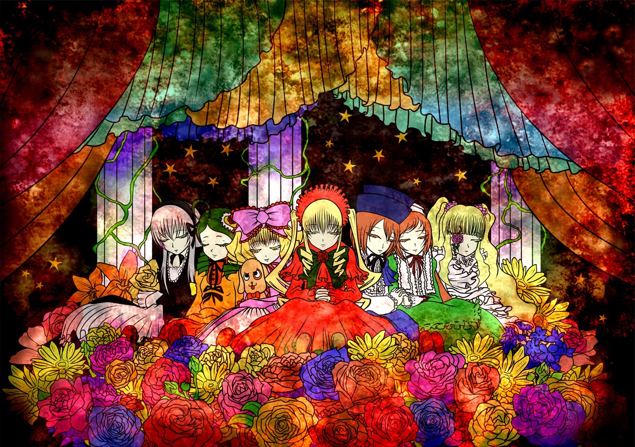 6+girls blonde_hair blue_flower bow bug butterfly choker closed_eyes curtains dress elbow_gloves eva_beatrice flower hair_bobbles hair_ornament hat image insect long_hair multiple multiple_boys multiple_girls necktie orange_hair pink_bow pink_headwear red_flower red_rose ribbon rose tagme twintails yellow_flower yellow_rose