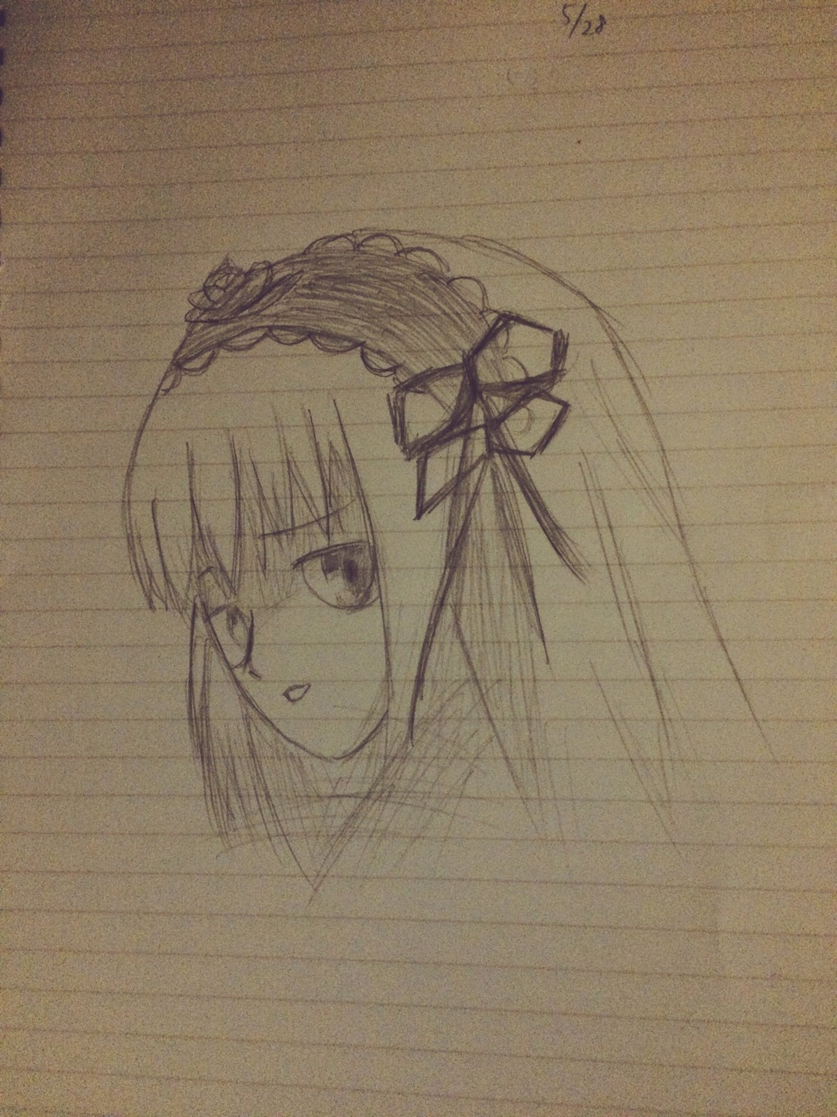1girl flower hairband image long_hair looking_at_viewer monochrome ribbon simple_background sketch solo suigintou