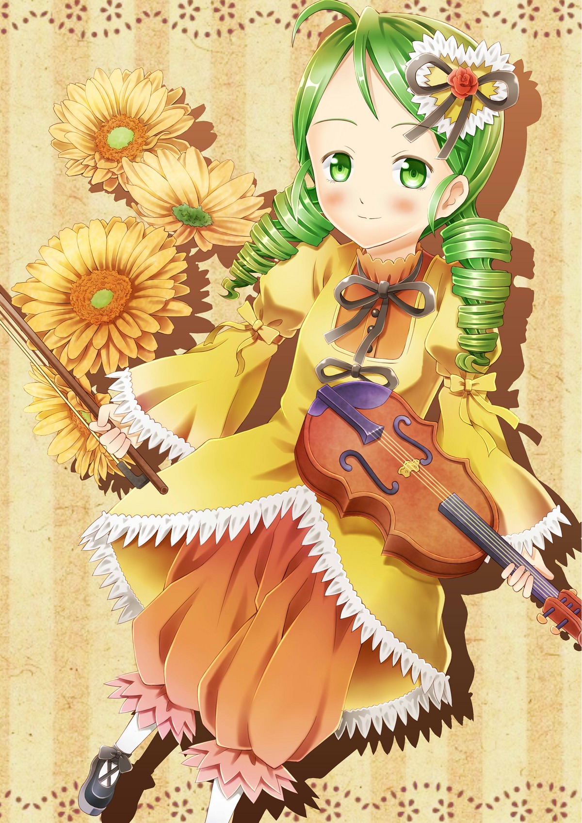 1girl drill_hair flower green_eyes green_hair guitar hair_ornament image instrument kanaria ribbon smile solo sunflower twin_drills violin