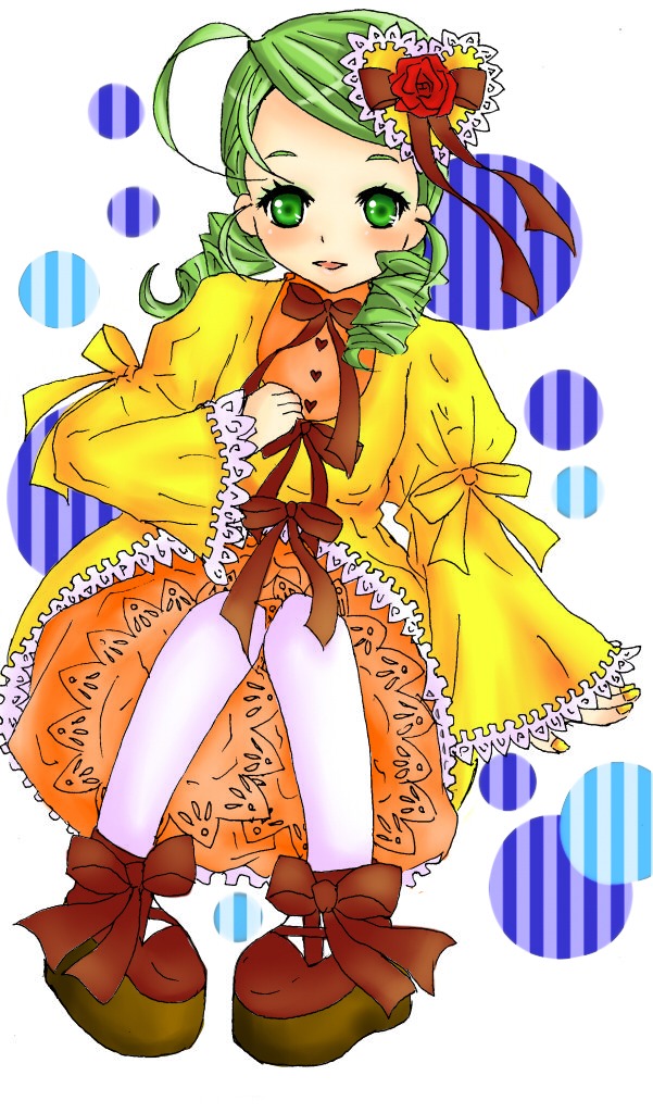 1girl ahoge bloomers bow dress drill_hair flower frills full_body green_eyes green_hair hair_flower hair_ornament image kanaria long_sleeves pantyhose ribbon rose solo twin_drills yellow_dress