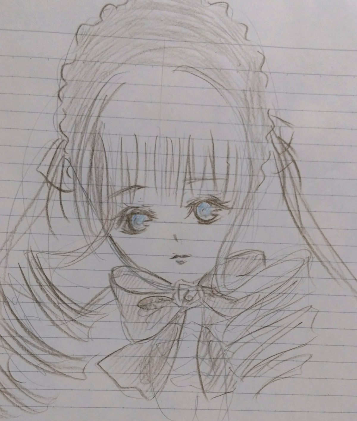 1girl face image looking_at_viewer maid_headdress monochrome shinku simple_background sketch solo traditional_media white_background