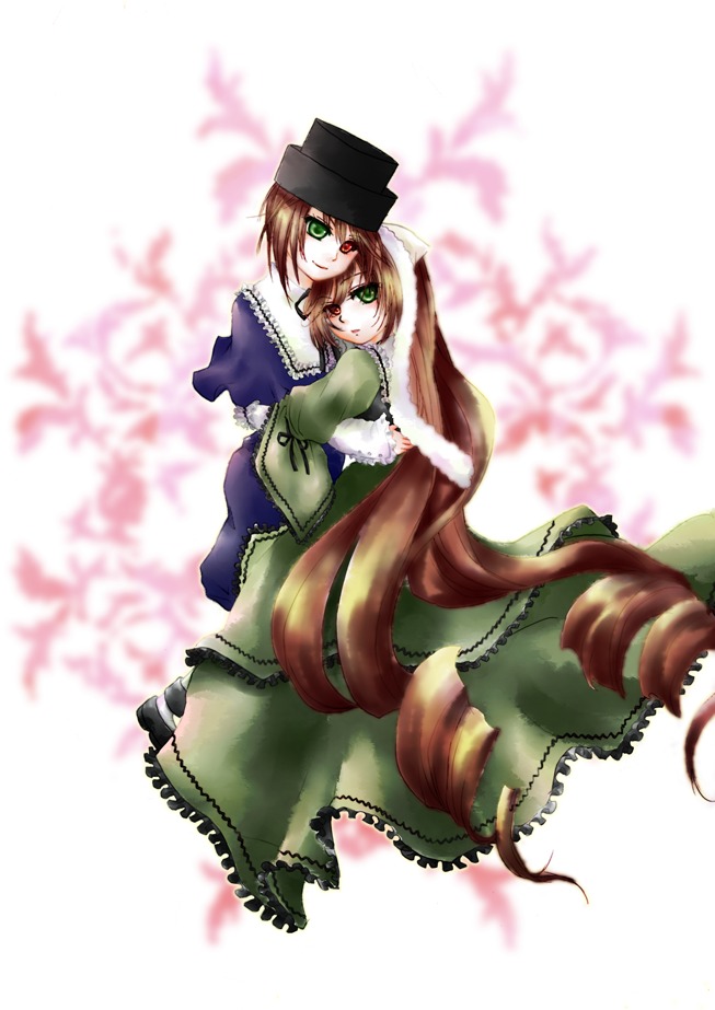 2girls blue_dress blurry blurry_foreground brown_hair depth_of_field dress frills green_dress green_eyes hat image long_sleeves looking_at_viewer multiple_girls pair short_hair siblings sisters smile souseiseki suiseiseki top_hat twins