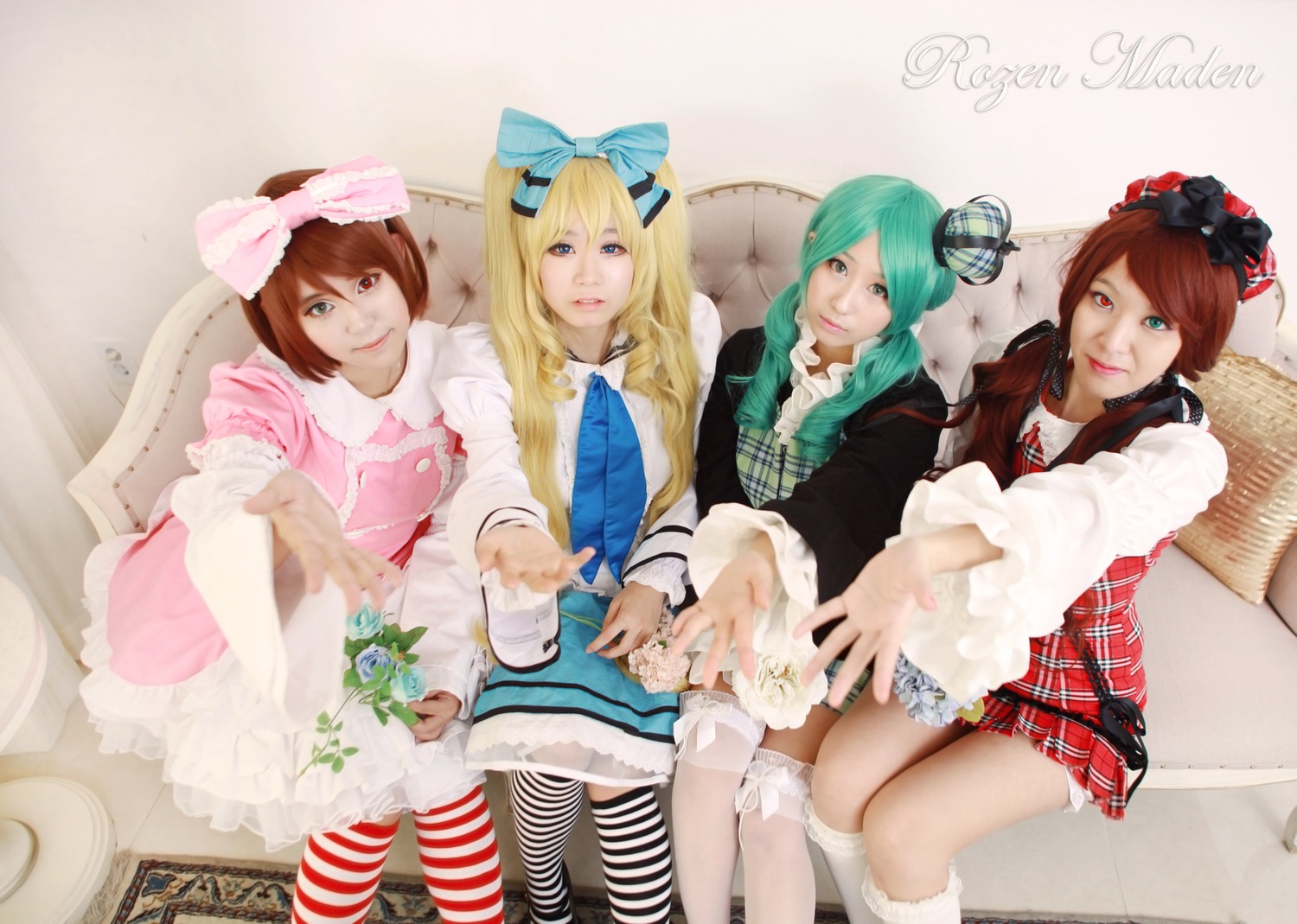 4girls blonde_hair blue_eyes brown_hair dress flower hair_bow heterochromia hirasawa_yui lips long_hair multiple_cosplay multiple_girls pantyhose realistic red_eyes ribbon rose sitting souseiseki striped striped_legwear tagme