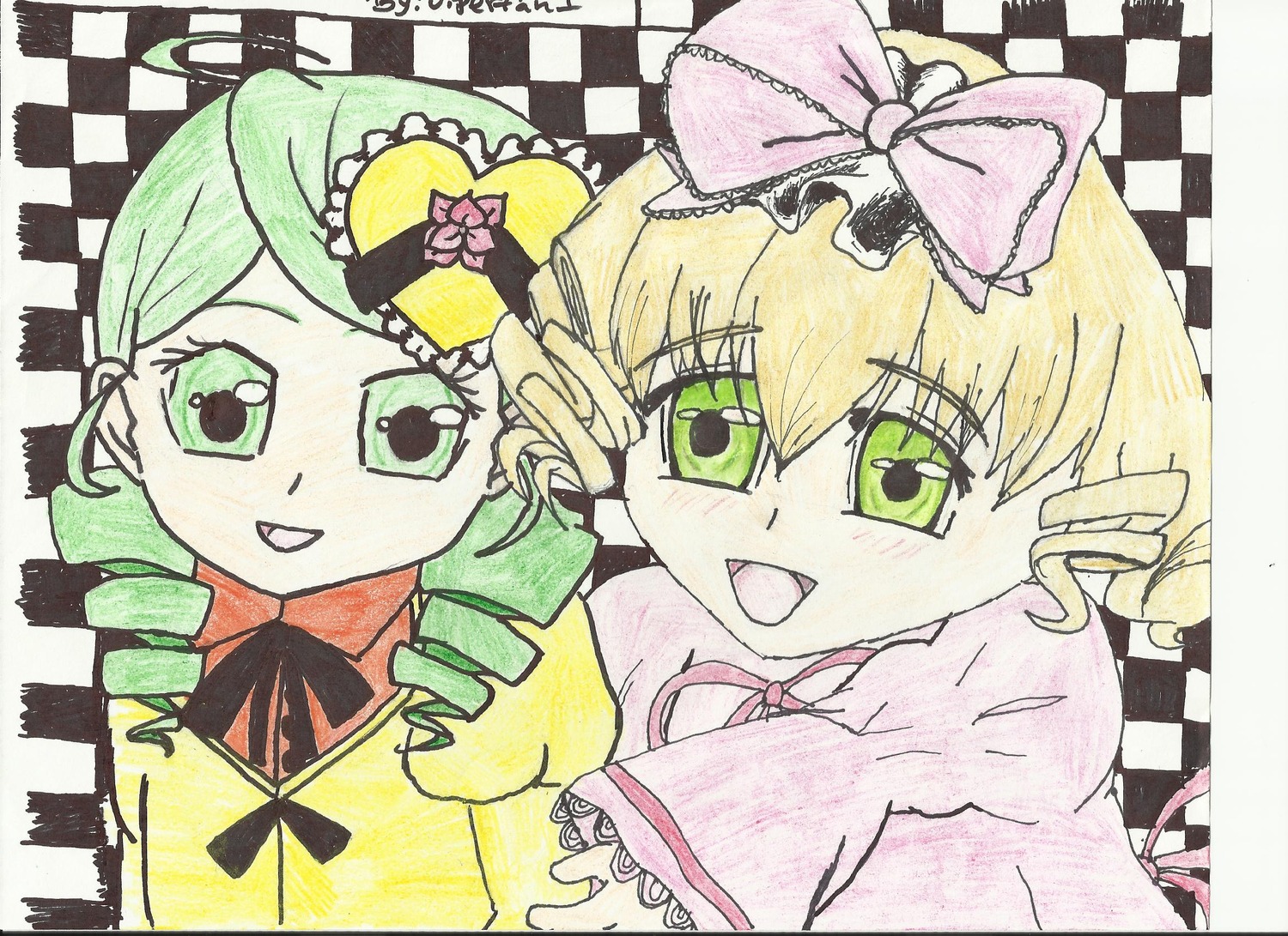 2girls argyle argyle_background argyle_legwear blonde_hair board_game bow checkerboard_cookie checkered checkered_background checkered_floor checkered_kimono chess_piece cookie drill_hair eyebrows_visible_through_hair green_eyes hina_ichigo hinaichigo image kanaria multiple_girls open_mouth pair perspective plaid_background tile_floor tiles traditional_media twin_drills