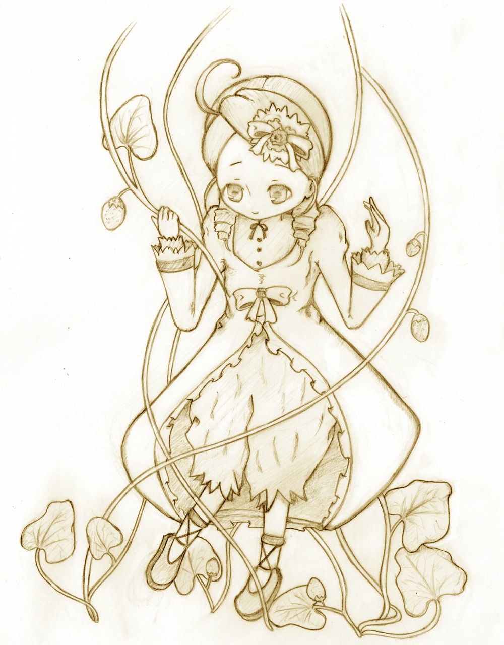 1girl ahoge bloomers bow dress full_body image kanaria long_hair long_sleeves monochrome solo traditional_media