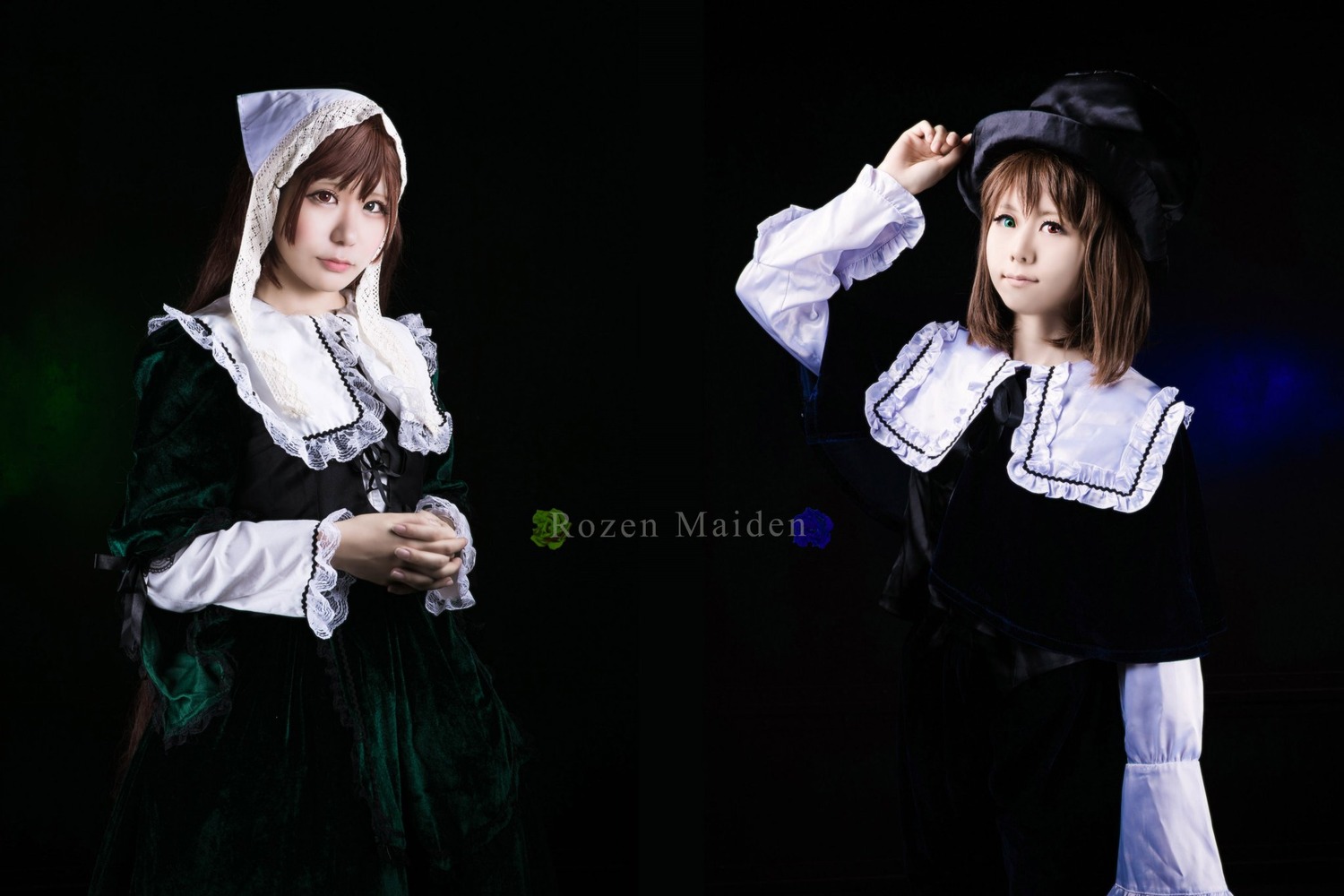 2girls black_background black_dress brown_hair capelet dress hat long_sleeves looking_at_viewer multiple_cosplay multiple_girls siblings simple_background sisters suiseiseki tagme twins