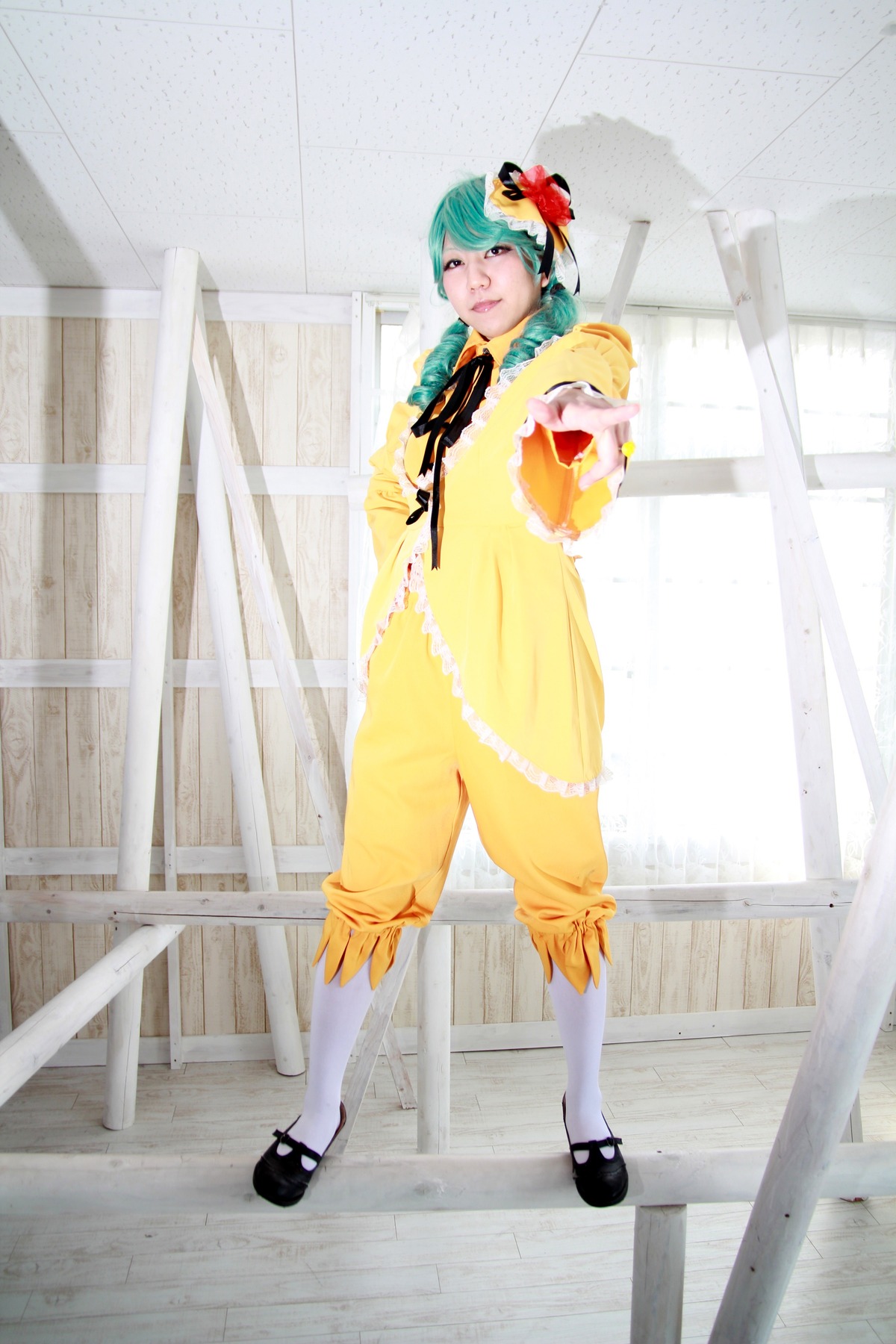 1girl closed_eyes dress flower full_body green_hair hair_ornament kanaria shoes solo standing yellow_dress