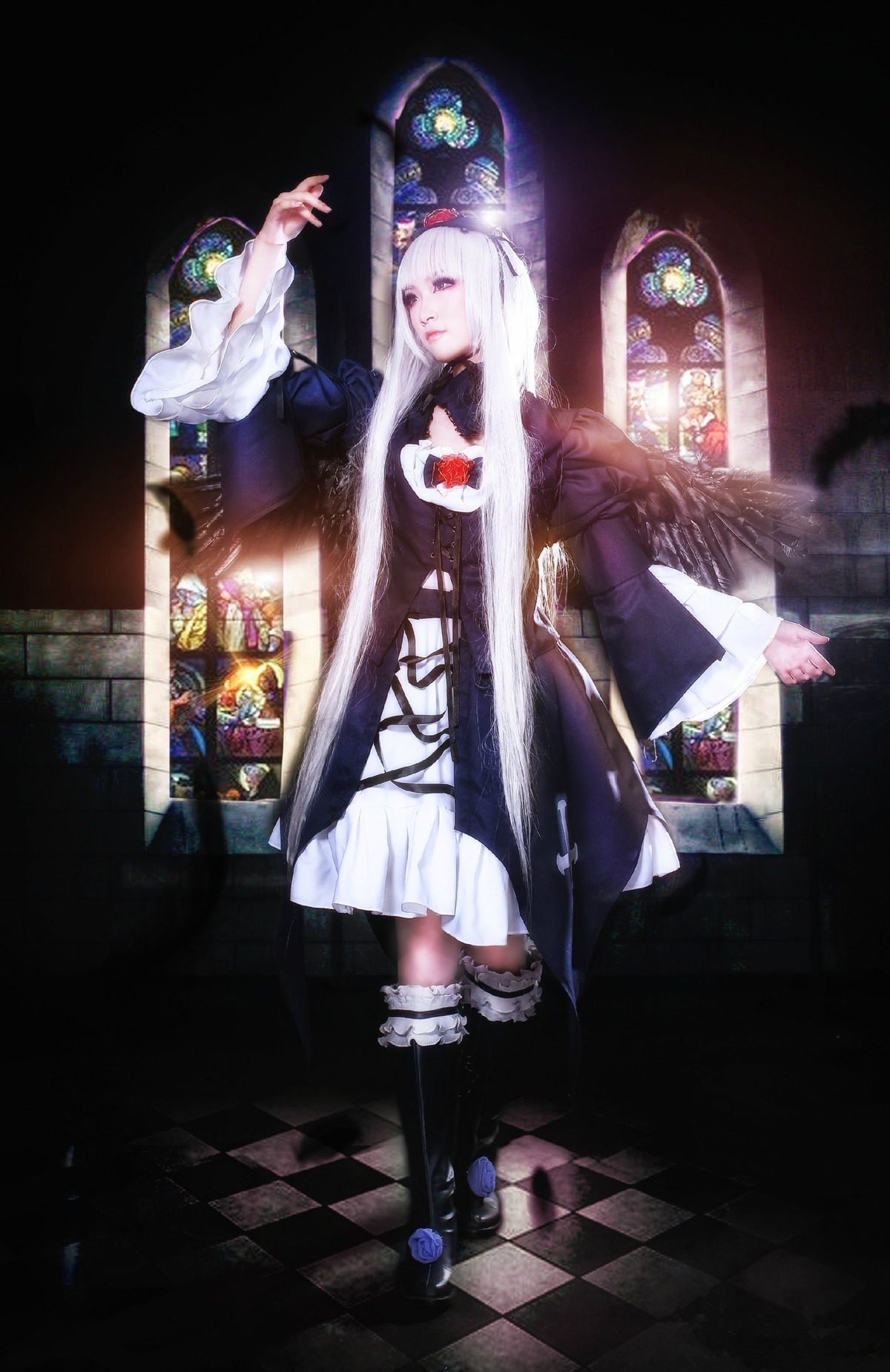 1girl argyle argyle_background argyle_legwear blue_eyes board_game boots checkered checkered_background checkered_floor checkered_skirt chess_piece hat long_hair mirror perspective reflection skirt solo suigintou thighhighs tile_floor tiles vanishing_point white_hair