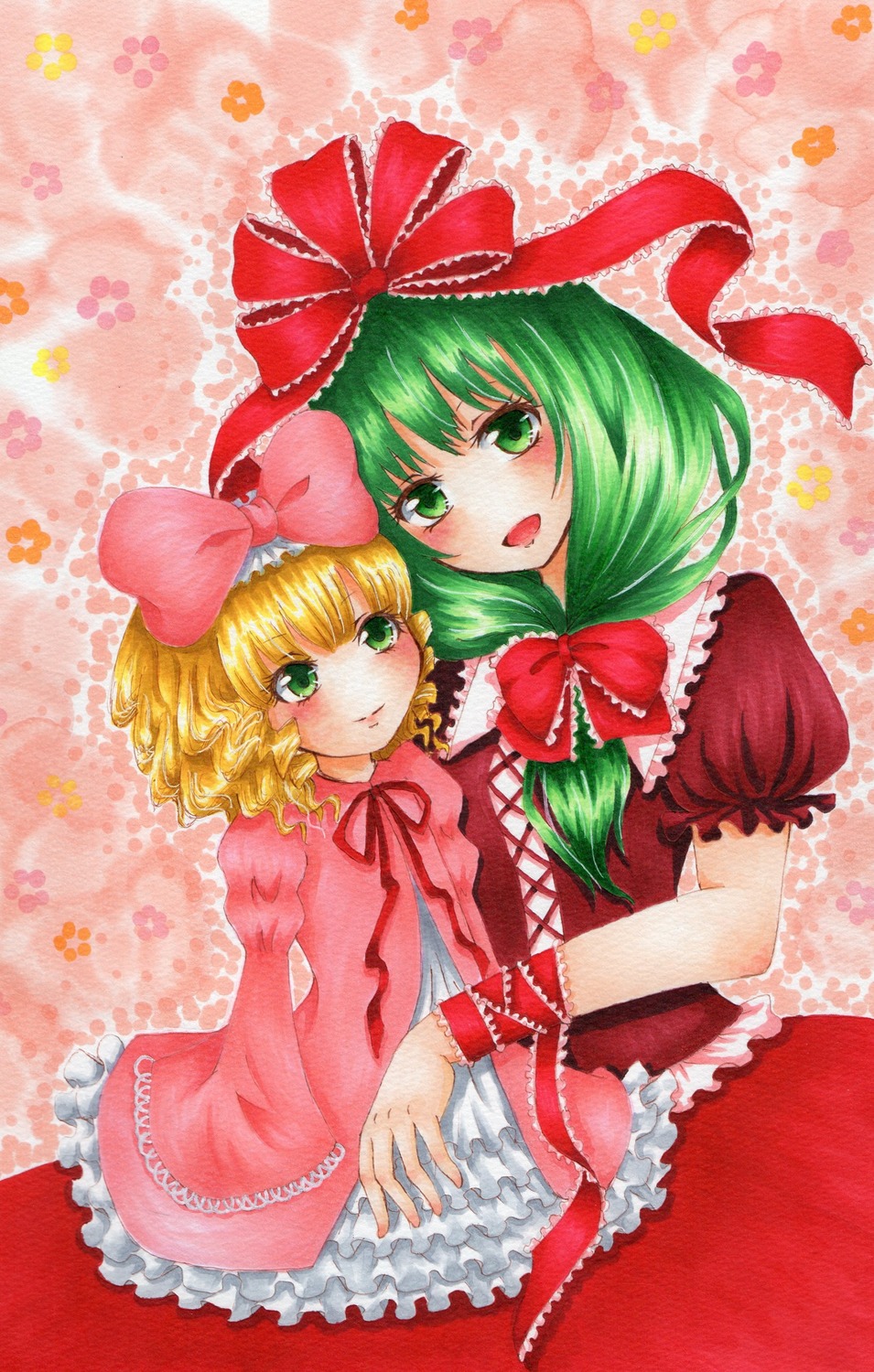 2girls blonde_hair blush bow dress frills front_ponytail green_eyes green_hair hair_bow hair_ribbon hinaichigo image kagiyama_hina multiple_girls ribbon short_hair smile solo traditional_media watercolor_(medium)
