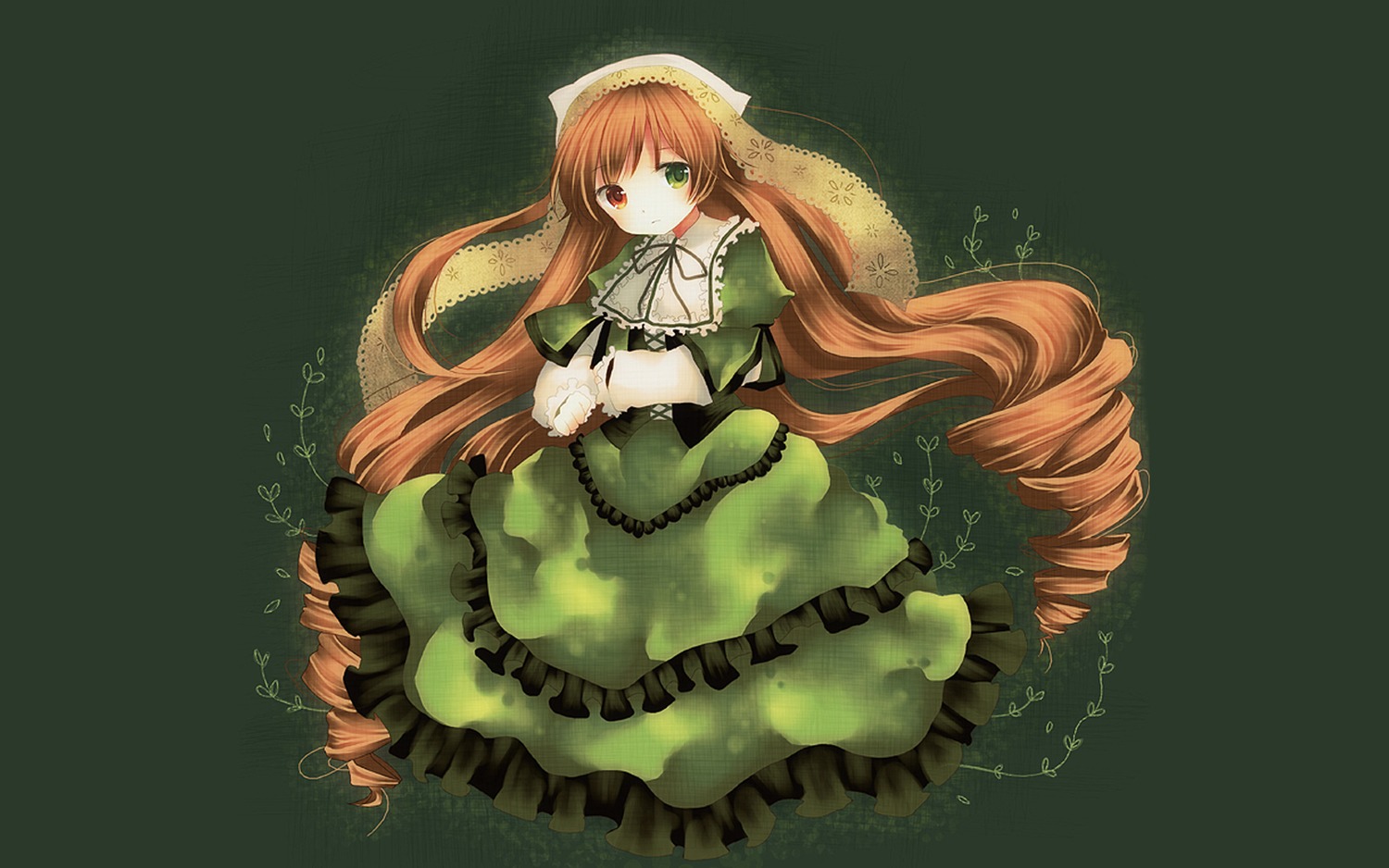 1girl brown_hair dress drill_hair frills green_dress green_eyes heterochromia image long_hair long_sleeves looking_at_viewer red_eyes simple_background solo suiseiseki very_long_hair