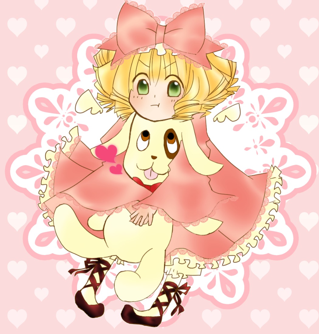 1girl :t blonde_hair bow dress drill_hair frills green_eyes hair_bow heart heart_background hina_ichigo hinaichigo image pink_bow pink_dress ribbon short_hair solo