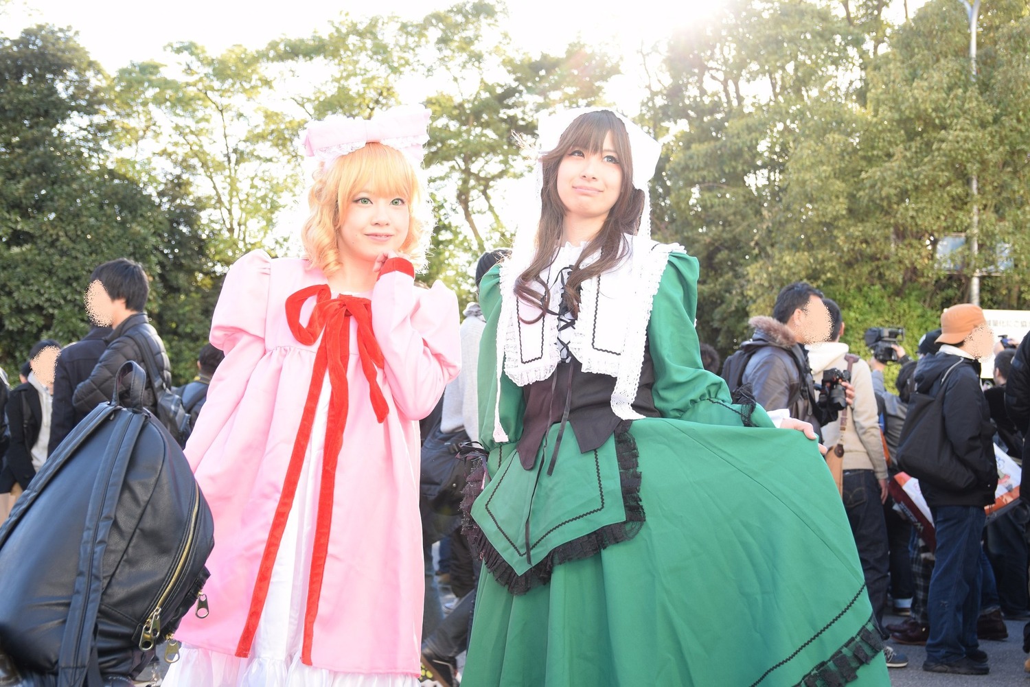 6+boys bag black_hair blonde_hair brown_hair dress glasses gloves hat hood long_hair multiple_boys multiple_cosplay multiple_girls nature short_hair smile standing tagme tree