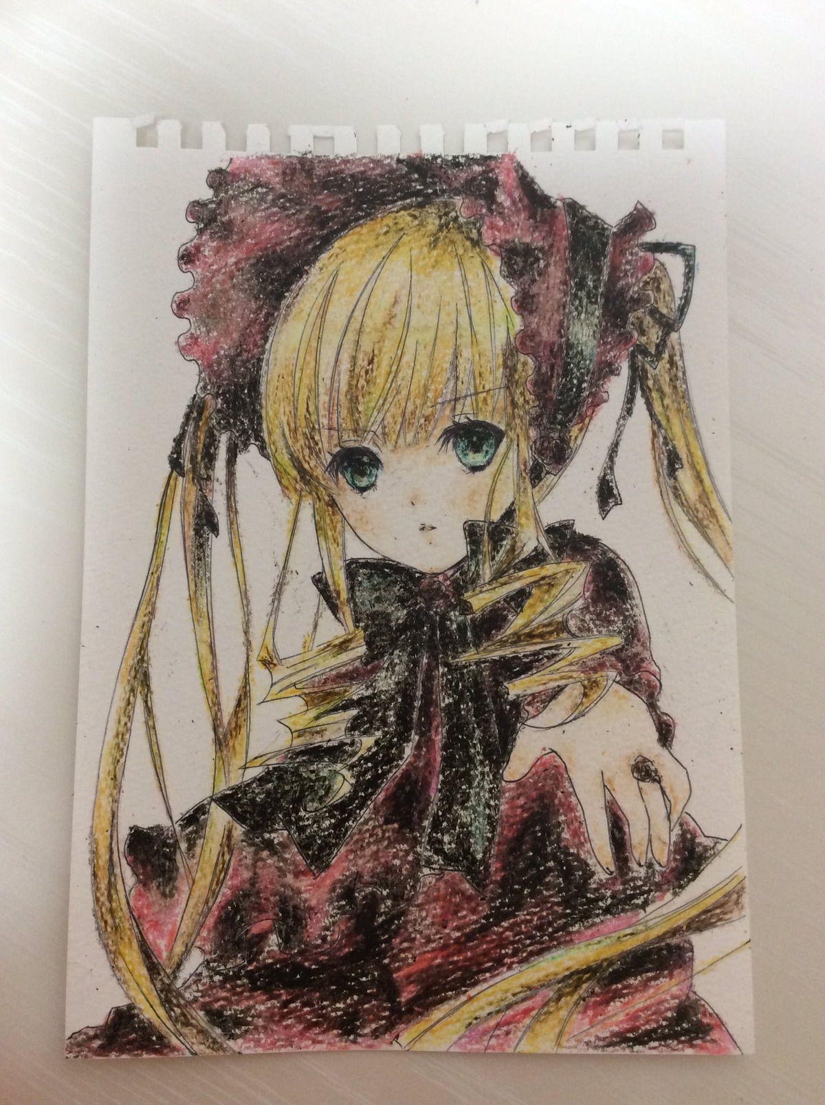 1girl bangs blonde_hair bow dress green_eyes hair_ribbon image long_hair long_sleeves looking_at_viewer photo shinku solo traditional_media twintails