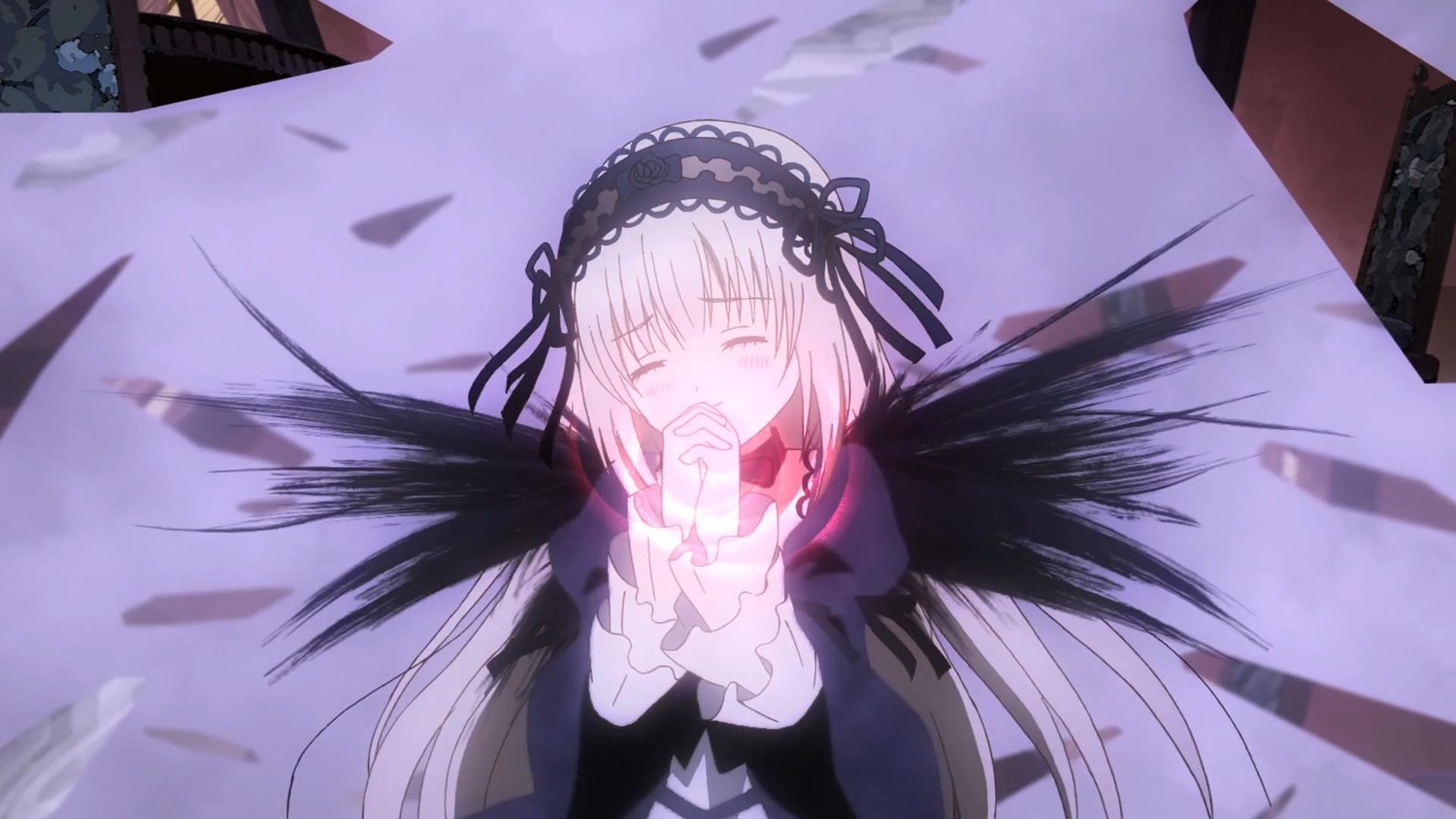 1girl bangs black_dress black_ribbon black_wings building closed_eyes dress feathers frilled_sleeves frills hairband image long_hair long_sleeves outdoors ribbon rose silver_hair solo suigintou very_long_hair wings