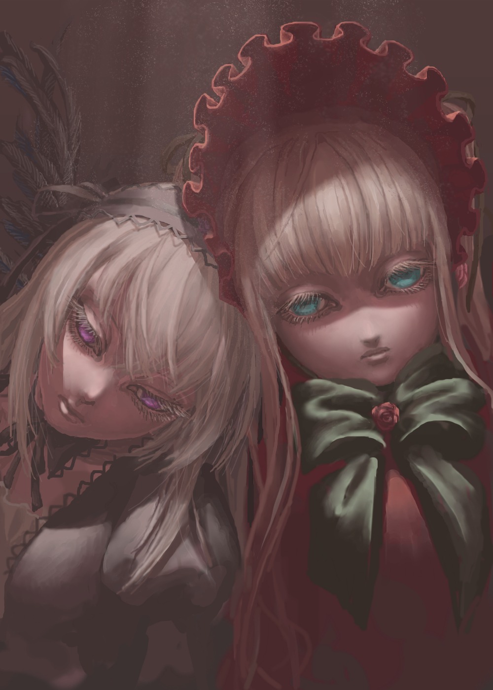 2girls bad_id bad_pixiv_id blonde_hair blue_eyes bonnet bow brooch doll feathers flower green_eyes hairband highres image jewelry lips long_hair looking_at_viewer multiple_girls pair pink_eyes purple_eyes rose rozen_maiden shigeyama_mohachi shinku suigintou white_hair