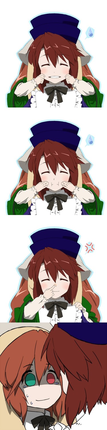1girl auto_tagged blush brown_hair closed_eyes comic happy hat image pair silent_comic smile souseiseki suiseiseki
