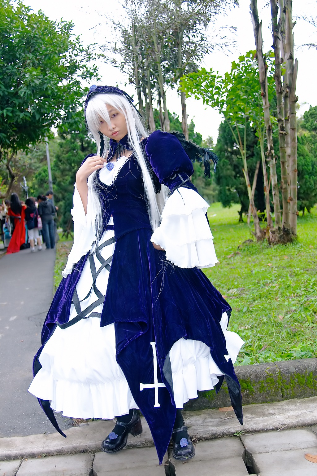 1girl blue_dress bush dress full_body long_hair long_sleeves looking_at_viewer outdoors photo_background shoes solo standing suigintou tree