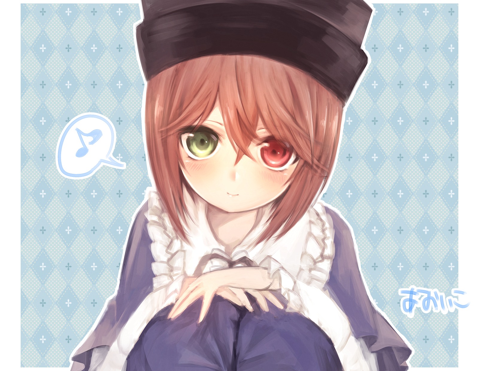 1boy ? argyle argyle_background argyle_legwear blush board_game brown_hair checkered checkered_background checkered_floor checkered_kimono checkered_skirt chess_piece dress eighth_note frilled_shirt_collar frills green_eyes hat heterochromia image long_sleeves musical_note perspective plaid_background red_eyes solo souseiseki spoken_musical_note tile_floor tile_wall tiles