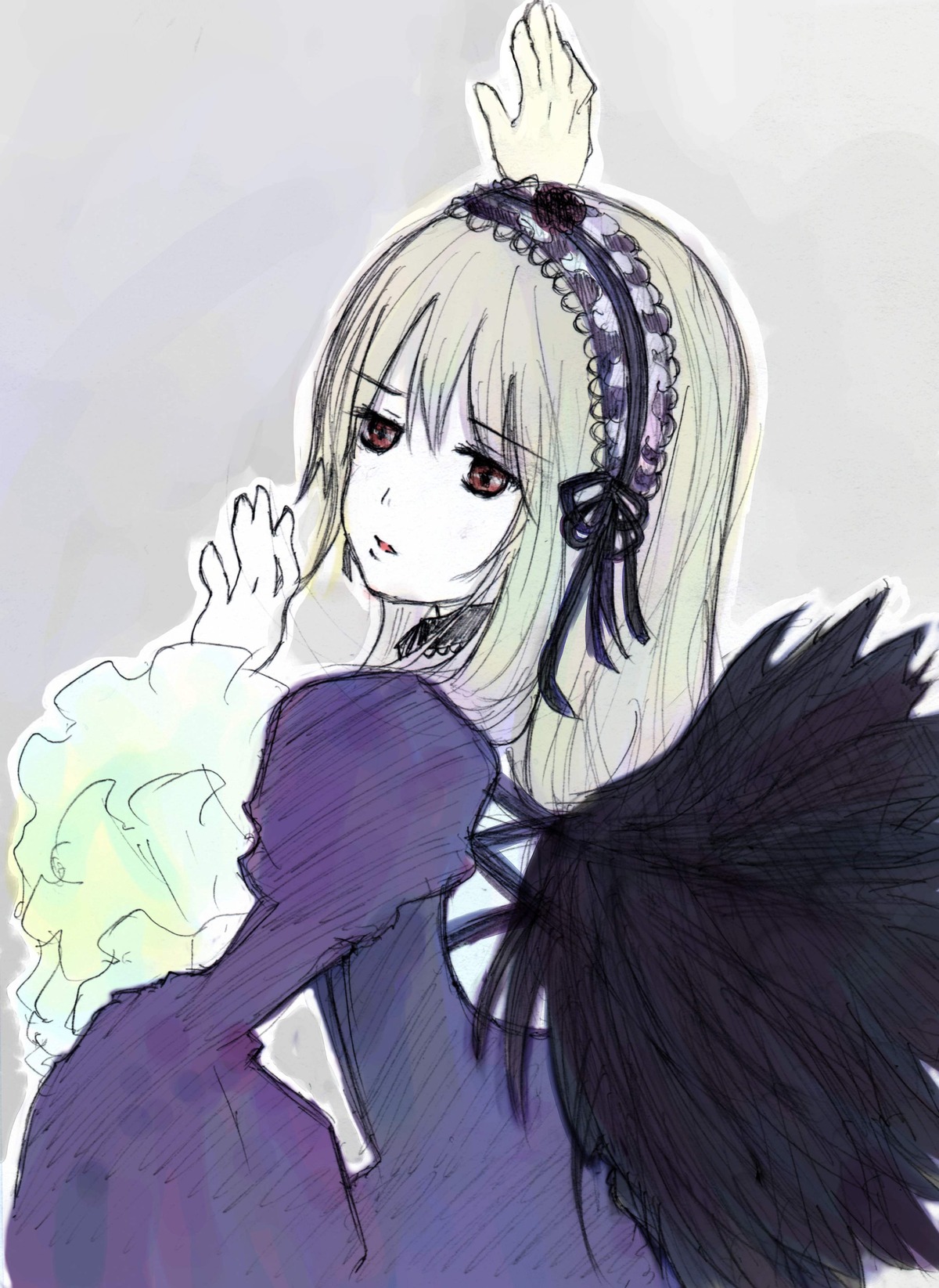 1girl black_dress black_wings blonde_hair dress feathered_wings flower frilled_sleeves frills hairband image long_hair long_sleeves looking_at_viewer looking_back pale_skin red_eyes rose simple_background solo suigintou upper_body wings