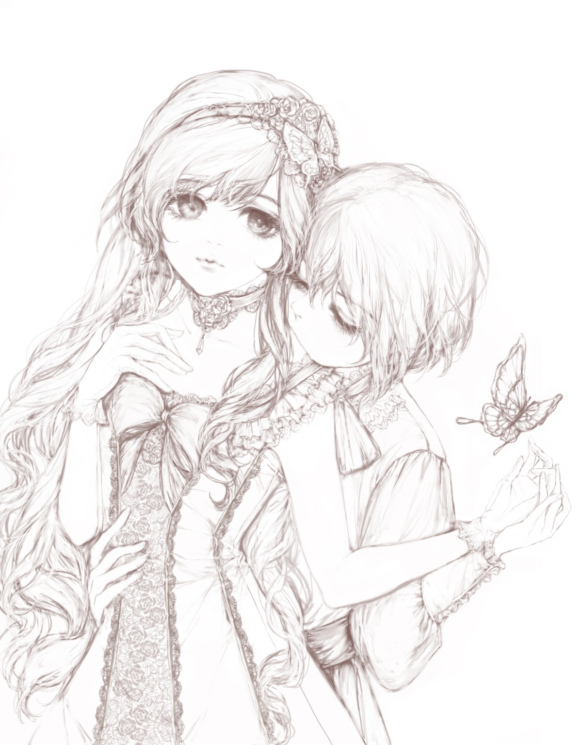 2girls bare_shoulders braid bug butterfly choker closed_eyes commentary_request dress flower gloves greyscale hairband highres image insect long_hair monochrome multiple_girls necklace pair rozen_maiden short_hair siblings sisters souseiseki striped suiseiseki twins yukishiro_(hitsuji) yuri