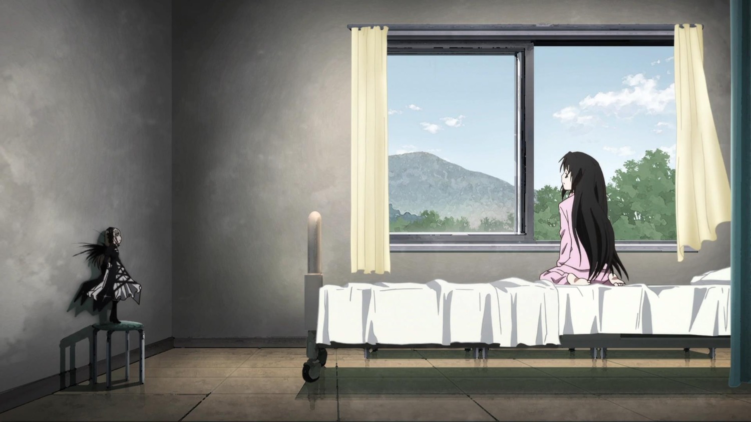 black_hair blue_sky cloud houraisan_kaguya image indoors kakizaki_megu long_hair multiple_girls sitting sky solo suigintou very_long_hair window wooden_floor