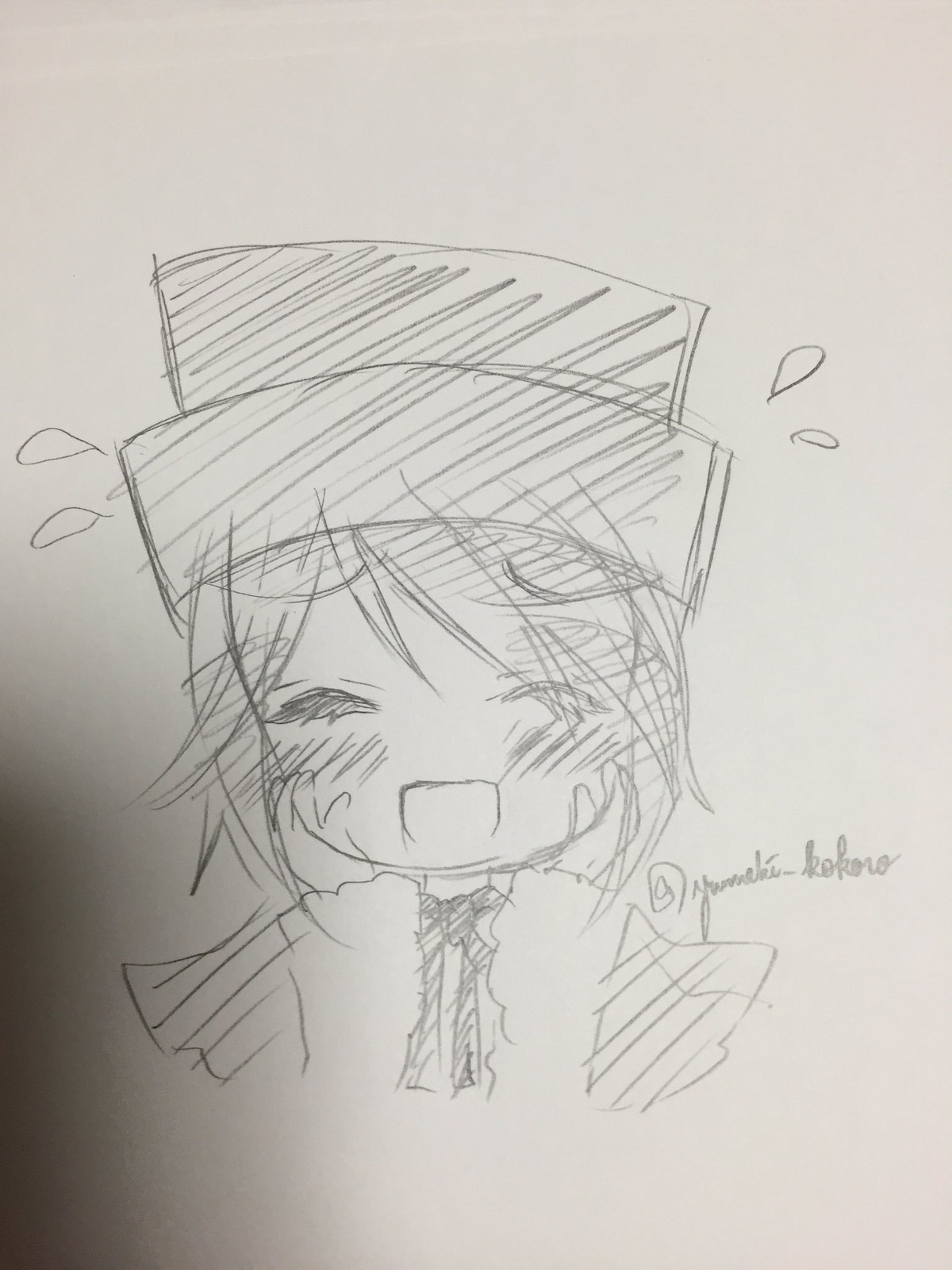 1girl blush closed_eyes eyebrows_visible_through_hair flying_sweatdrops greyscale image monochrome open_mouth sketch smile solo souseiseki tears traditional_media twitter_username yumeki_kokoro