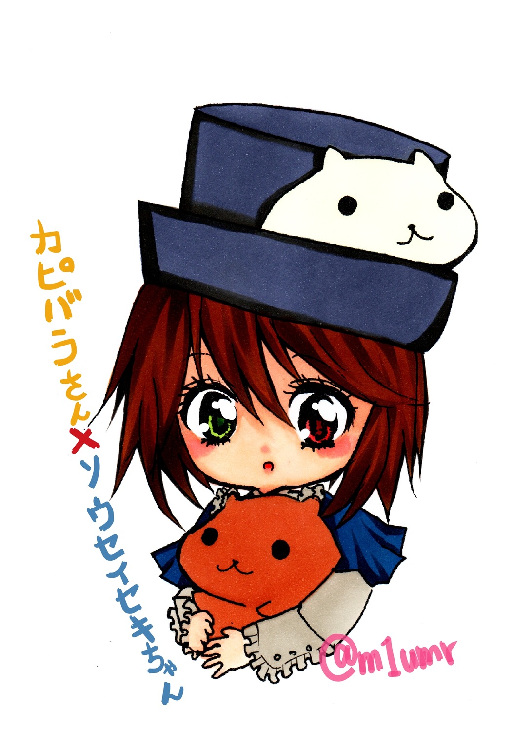 1girl :o blush green_eyes hat heterochromia image long_sleeves looking_at_viewer red_eyes red_hair simple_background solo souseiseki stuffed_animal upper_body white_background